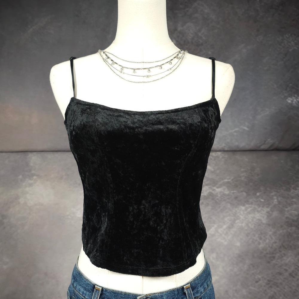 Vintage 90s Victoria's Secret Cami Small Black Crushed Velvet Spaghetti Strap
